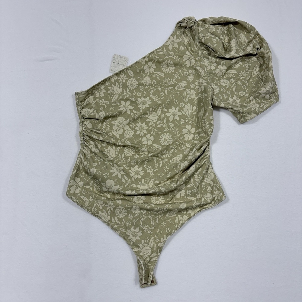 Free People Somethin Bout You Bodysuit Cactus Floral Puff One Shoulder NWT Sz L